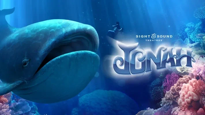 Sight and Sound Theaters Presents Jonah Jonah underwater with a massive whale approaching, surrounded by coral reefs and sea life from Sight & Sound Theatre's JONAH production.